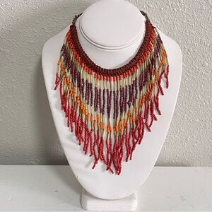 Maximalist Statement Necklace Beaded Bib Collar Fringe Tassel Boho Tribal